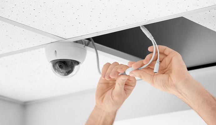 Expert worker installing security camera Expert worker installing security camera