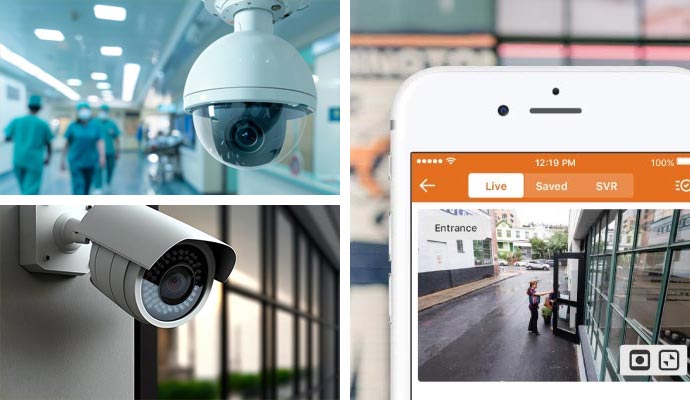 Collage of security camera in different industries Collage of security camera in different industries