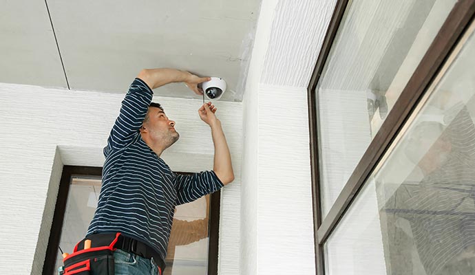 Technician installing indoor security camera Technician is installing security camera on the white ceiling
