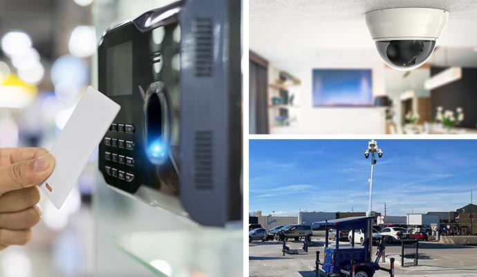 collage of access control device, indoor camera and portable surveillance