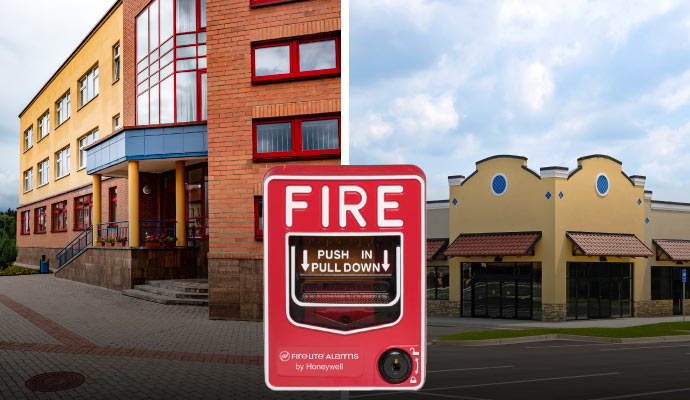 Collage of fire-lite solution in school and retail space