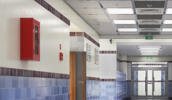 A fire alarm installed in a school