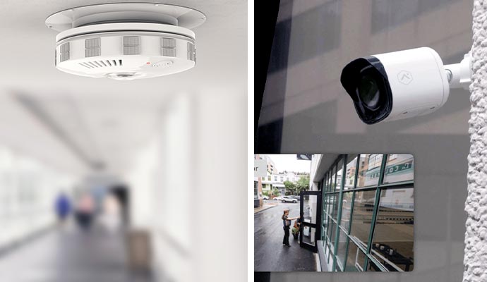 collage of fire-smoke detection system and surveillance camera