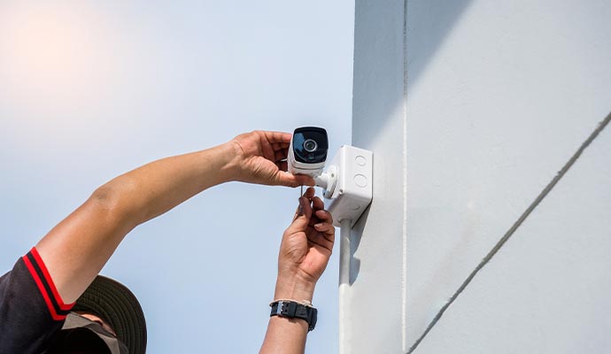 inspecting security camera outside of the building