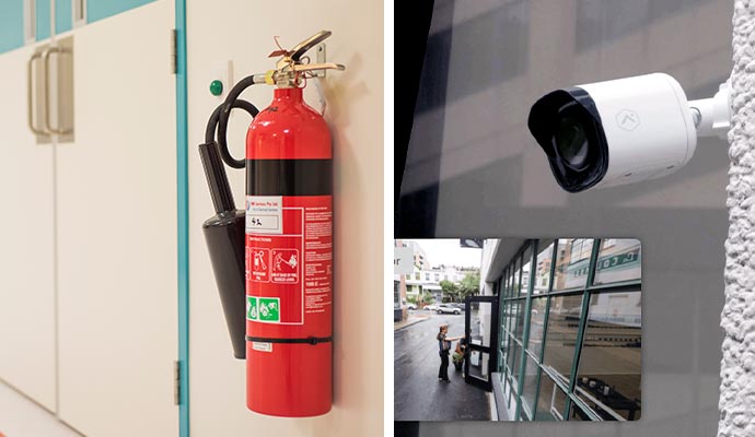 collage of fire extinguisher and security camera