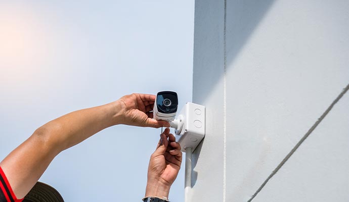 Person installing outdoor CCTV camera