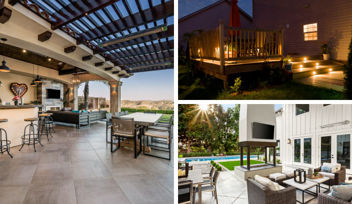 Collage of outdoor kitchen, lighting installation and outdoor TV installation