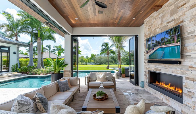 backyard living space with large tv on the wall