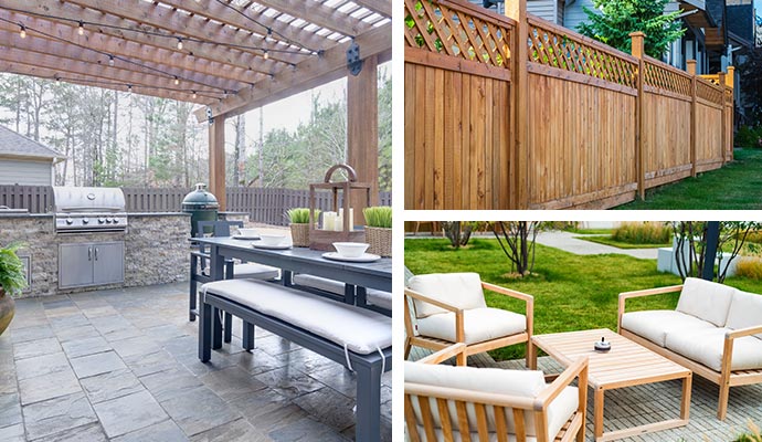 colage of outdoor kitchen fencing and furniture