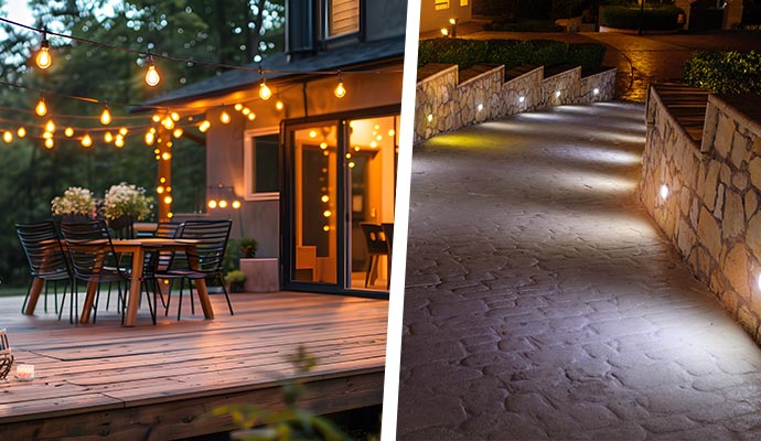 collage of decorative yard and pathway lighting