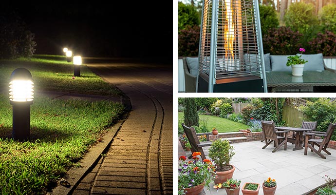 collage of outdoor lighting, heating-system, and patio