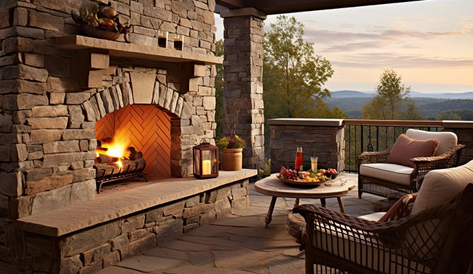 Cozy outdoor patio area with a large stone fireplace