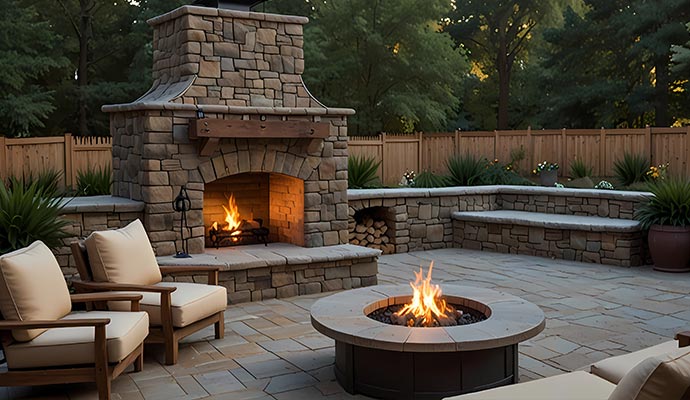 Outdoor patio featuring a large stone fireplace