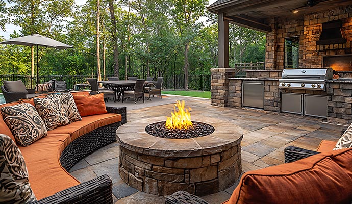 outdoor patio area with a circular stone fire pit