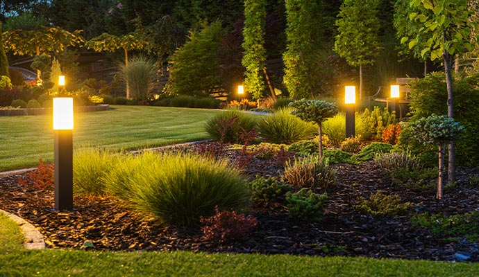 beautiful garden illuminated by modern garden lights