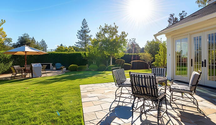 outdoor patio area with cushioned metal chairs around a small table