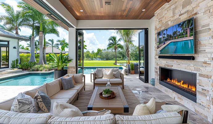 outdoor living space with led tv on the wall