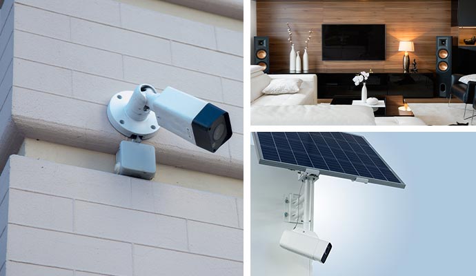 Collage of wireless outdoor security camera, loudspeaker and solar-powered camera