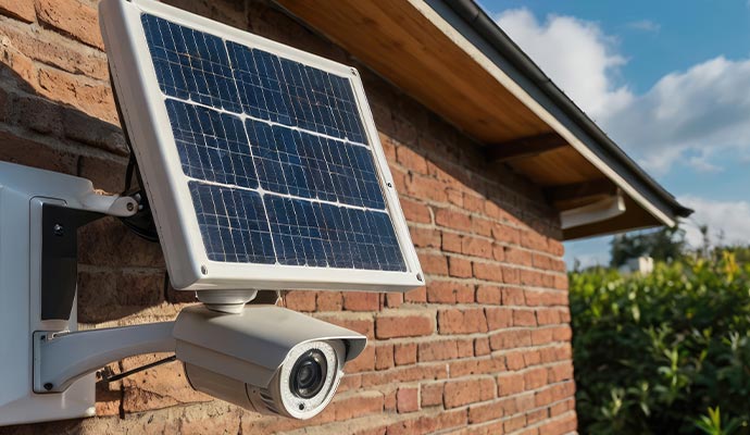 a solar powered camera installed outside a building