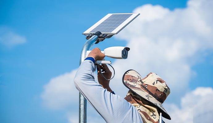 Technician installing solar-powered camera