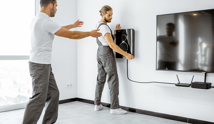 Two technicians installing two-way speakers